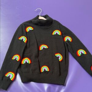 Lola + The Boys Black Turtleneck Sweater with Rainbow Appliqués
